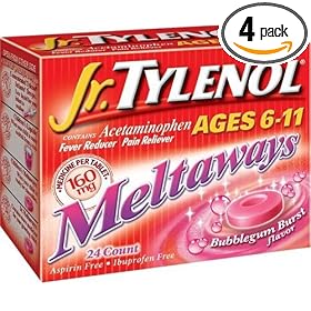 Tylenol Jr. Acetaminophen, Ages 6-11 (160 mg), Bubblegum Burst Flavor, 24-Count Meltaways (Pack of 4)