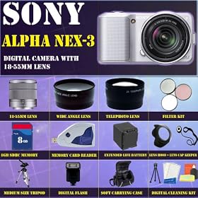 Sony Alpha NEX-3 Interchangeable Lens Digital Camera (Silver) With Sony E-series 18-55mm f/3.5-5.6 OSS Lens w/Shade + HUGE ACCESSORIES PACKAGE INCLUDING WIDE ANGLE MACRO LENS + 2X TELEPHOTO + 3 PC FILTER KIT + 8GB SDHC MEMORY CARD + EXTENDED LONG LIFE BATTERY + CARRYING CASE + TRIPOD + LENS HOOD + L