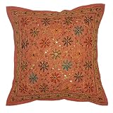 Awsome Indian Ethinic Design Cushion Pillow Cover Set with Heavy Silk Thread Embroidery & Mirrors Work (Size: 16 X 16 Inches) (Set of 5 Pcs)