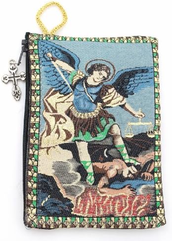 Religious Gift Archangel Saint St Michael with OL Our Lady of Gudalupe Icon Authentic Russian Made Cloth Tapestry Rosary Zipper Close Pouch Keepsake Holder (TIP7)