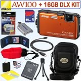 Nikon Coolpix AW100 16 MP CMOS Waterproof Digital Camera (Orange) + EN-EL12 Battery + 16GB Deluxe Accessory Kit