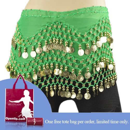 BellyLady Chiffon Dangling Gold Coins Belly Dance Hip Scarf, Tote Bag Included