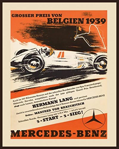 1939 Belgium Belgien Mercedes Benz Car Race Grand Prix Germany UNIQUE Vintage Poster Repro Many Standard Image Sizes for Framing (8" X 10" Image MATTE PAPER)