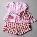 Baby Girls Cute Summer Clothes - 12-18 months - Gorgeous Pink White and Red Strawberries Short-sleeved Top Shorts & Sun Hat Outfit Set