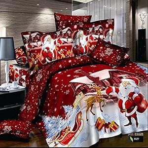 Lt Queen King Size 100% Cotton 4-pieces 3d Red Father Christmas Santa Claus Kriss Kringle House Snow Winter Forest Gift Prints Duvet Cover Set/bed Linens/bed Sheet Sets/bedclothes/bedding Sets/bed Sets/bed Covers/5-pieces Comforter Sets /Bed in a Bag (Queen, 4pcs without comforter)