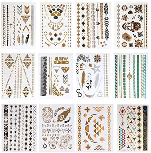 Lola Tatt 12 Premium Sheets of Metallic Temporary Flash Tattoos Gold, Silver and Multi-Colored. 2 Groups