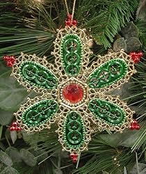 Green Flower Snowflake With Red Gem Christmas Ornament #54377