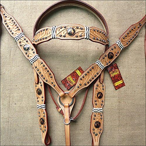 Western Leather Horse Bridle Headstall Breast Collar Rawhide Tan W/ Concho