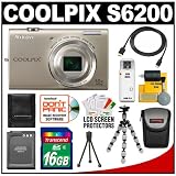 Nikon Coolpix S6200 Digital Camera (Silver) with 16GB Card + Battery + Case + HDMI Cable + Flex Tripod + Accessory Kit