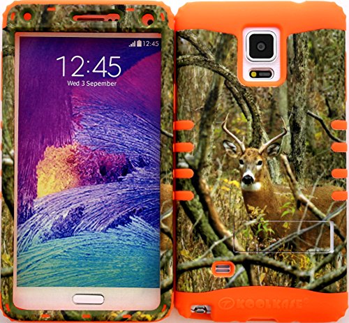 Wireless Fones TM Hybrid Impact Kickstand Cover Case Silicone for Samsung Galaxy Note 4 Real Deer Camo Mossy on Orange
