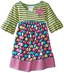 Girls Applique  Pleated Banding Dropped   Waistline Cotton Short Sleeves General Print  Dress With a Bow(s)