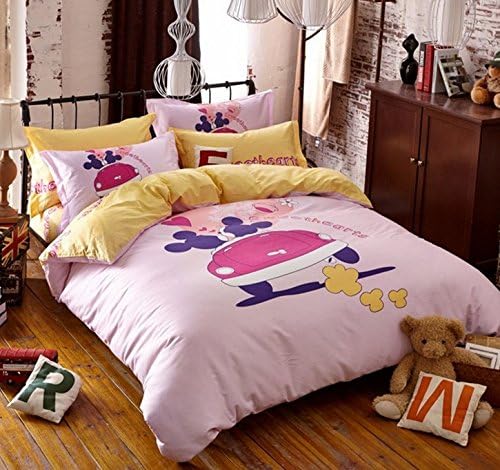 Pink With Yellow Cartoon Mouse Queen Duvet Cover Set Cotton Bedding Set, Queen Comforter Cover,Kid's Bedding Set,