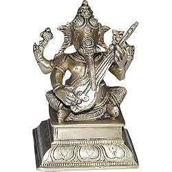 Sitting Ganesha Brass Statue Playing Shehnai