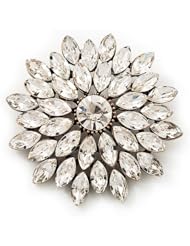 Clear Cz Flower Corsage Brooch In Burn Gold Metal - 5.5cm Diameter