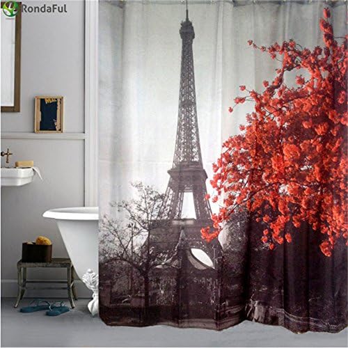 BYCE Eiffel Tower &amp; Flower Waterproof Shower Curtain 72x72 inch,Cityscape Red Flower Polyester Fabric Bathroom Curtains with Hooks for Home Decorations