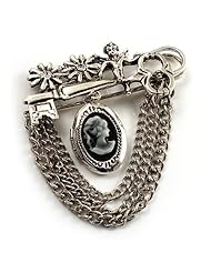 Vintage Cameo Locket, Angel, Key, Flower And Chain Pin Brooch (Burn Silver Finish)