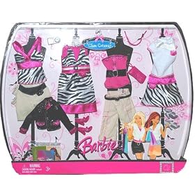 Click here to buy Barbie Fashion Glam Getaway (15 Pieces) in Stripes Theme with 3 Tops, 1 Jacket, 1 Capris, 1 Pants,... by Barbie.
