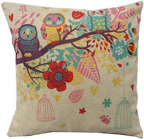 TFS Cotton Linen Leaning Cushion Covers Square 17.7"*17.7" Throw Pillow Case,Owl and Bird Cage