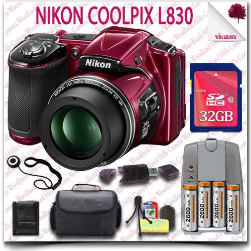 Nikon Coolpix L830 CMOS Digital Camera (Red) + AA Batteries and Charger + 32GB SDHC Class 10 Card + SLR Gadget Bag 10pc Nikon Saver Bundle