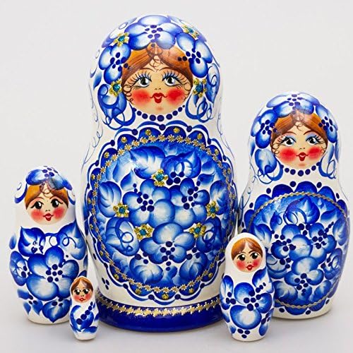 Matryoshka 5pcs Gzhel Beauty New Beautiful Blue Wooden Russian Nesting Dolls Gift Matreshka Handmade