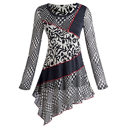 Women's Tunic Top - Houndstooth And Floral Patch Asymmetrical Shirt