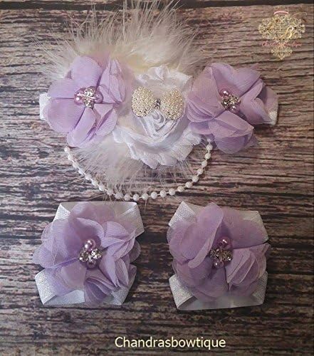 Beautiful Fancy Purple Chiffon and White Bow and Pearl Headband and Barefoot Sandal Set!