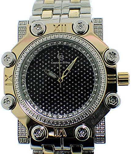 Letter Fashion Mens Crystal Golden/Black Captain Bling Ice Nation Punk Watch With Metal Band