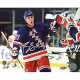 NHL Brandon Dubinsky Rangers Blue Jersey Celebration Horizontal Autographed 8-by-10-Inch Photograph