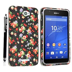 For Sony Xperia E4 Silicone TPU Gel Skin Case Cover + Stylus (Flowers Roses on Black)