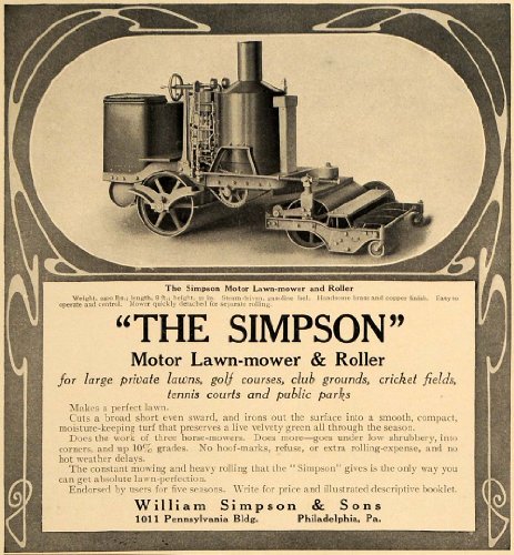 1909 Ad 2400 Lb William Simpson Motor Lawn Mower Roller - Original Print Ad 1909 Ad 2400 Lb William Simpson Motor Lawn Mower Roller - Original Print Ad