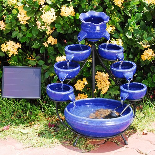 Duo Cascade Ceramic Solar Fountain - Blue
