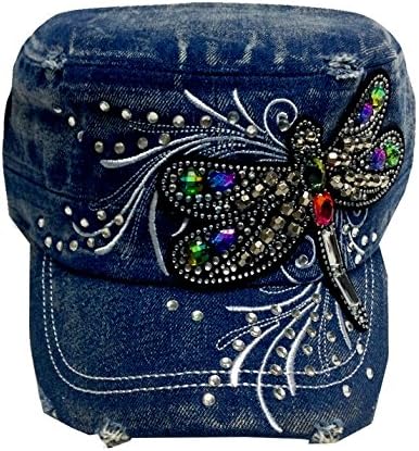 Butterfly Dragonfly Embroidered with Stones Cadet Style Womens Fashion Hat Cap - Choose Your Design and Color (Dark Denim - Butterfly)
