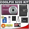 Nikon Coolpix S220 10 Megapixel Digital Camera (Plum) with 3x Optical Zoom + (2) EN-EL10 Battery Packs + Leather Case + Accessory Kit