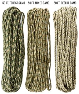 TOUGH-GRID 750lb Camo Tri-Pack Paracord / Parachute Cord - Genuine Mil Spec Type IV 750lb Paracord Used by the US Military (MIl-C-5040-H) - 100% Nylon - Made In The USA. 150Ft. - Camo Tri-Pack