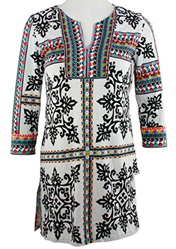 Joyous & Free – Scarfino, 3/4 Sleeve Tunic with Split V-Neck Collar & Side Pleats
