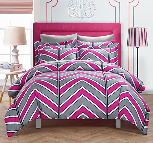 Chic Home 9 Piece Piper Chevvron Printed Reversible Queen Duvet-Cover-sets Fuschia With sheet set