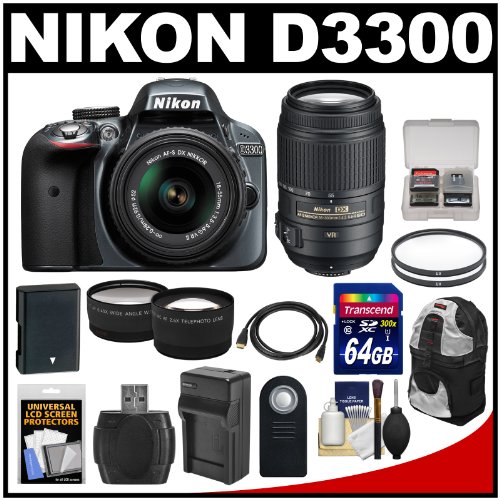 reviews Nikon D3300 Digital SLR Camera & 18-55mm G VR DX II AF-S Zoom Lens (Grey) with 55-300mm VR Lens + 64GB Card + Backpack + Battery & Charger + Tele/Wide Lens Kit