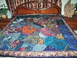ZARDOZI EMBROIDERED BEADS SARI TAPESTRY BEDSPREAD COVERLET THROW WALL HANGING