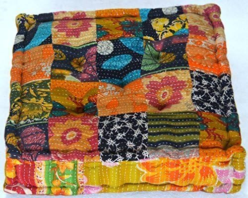 Aari Tari Stuffed Indian Vintage Kantha Patch Floor Cushion; Pouf Ottoman; Floor Pillow Yoga Pillow