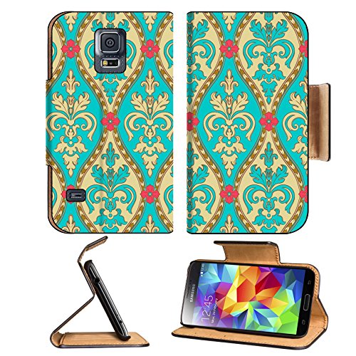 Samsung Galaxy S5 vintage torqoise and gold seamless pattern with pink flowers 18409737 by MSD Customized Premium Deluxe Pu Leather generation Accessories HD Wifi 16gb 32gb Luxury Protector Case