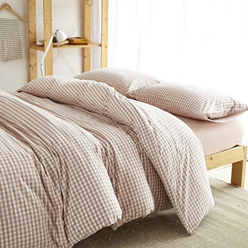 Hyam 100% Natural Washed Cotton Solid Color Plaid Stripe Duvet Cover Sets with Additional Free Flat Sheet As Gift - 100% One Year Quality Guarantee (Queen, Orange Plaid)