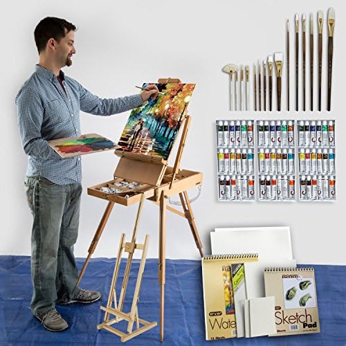 80-Piece French Easel Painting Set with Acrylic, Watercolor and Oil Paint Colors, Paint Palette, High Quality Natural and Synthetic Hair Paint Brushes, Canvas Panels - Great Christmas Gift (+ Table Top Easel)