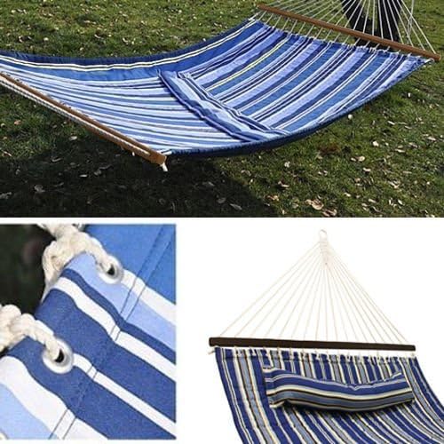 NEW Quilted Cotton Hammock Double Wide Blue Solid Wood Spreaders 2 Person 450lbs