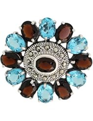 Sterling Silver Marcasite Large Flower Brooch Pin w/ Oval Cut Garnet & Blue Topaz Stones, 1 9/16 in. (40mm)