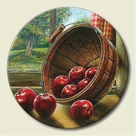 Lazy Susan ~ Apple Basket by Window ~ decorative tempered glass ~ 16 inch diameter ~ code 678
