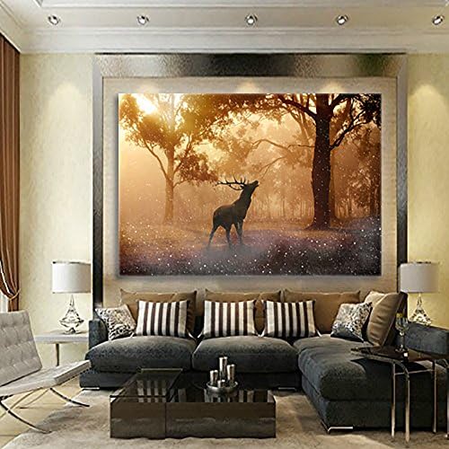 Posters and Prints Printed Sunset Animal Deer Paintings Picture Wall Art on Canvas for Living Room Home Decor or Hotel Stretched Wooden Framed Ready to Hang (20 x 24 inches)