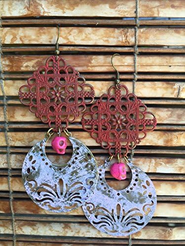 Red and Pink Distressed Filigree Skull Statement Earrings