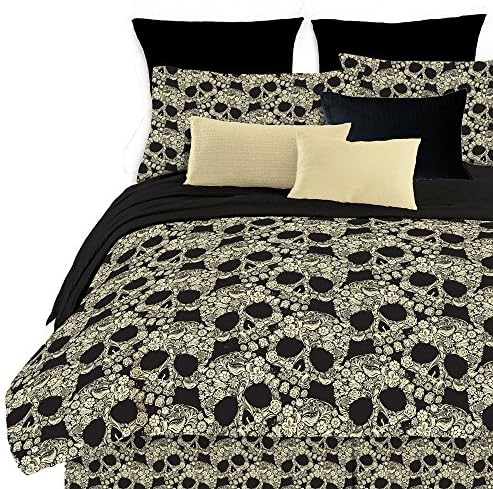 Street Revival Flower Skull Complete Bed Set - Steel Frame, Coil Mattress, Pillow, Pillowcases, Comforter, Fitted Sheet, Flat Sheet - Goth Bedroom Furniture Bed and Soft Bedding Set with Fully Reversible Flowered Skulls Tattoo Art with Shams and Ruffle (Queen)