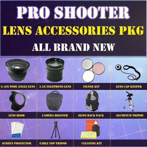 Pro Shooter Lens Accessories Package Including 0.40x Fish Eye Wide Angle Lens, Pro HD 3.5x Telephoto Lens, Filter Kit, Camera Holster carrying case, Sling Back Pack, Lens Hood, Aluminum Tripod + More For Olympus E-420, E-410, E-400, E-330, E-30, E-1 SLR CAMERAS.THIS LENS WILL ATTACH DIRECTLY TO THE FOLLOWING OLYMPUS LENSES 14-42mm, 40-150mm, 70-300mm !!!