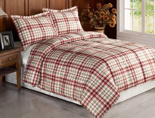 Chezmoi Collection 3-piece Beige Red Plaid Flannel Feel Down Alternative Comforter Set Queen /Full